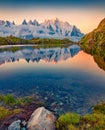 Fantastic summer sunrise on Lac Blanc lake with Mont Blanc on background, Chamonix location.