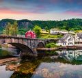 Fantastic summer sunrise in Norheimsund village, municipality of Kvam in Hordaland county. Colorful morning scene in Norway,