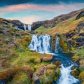 Fantastic summer sunset on Sheep`s Waterfall, . Picturesque evening scene of Iceland, Europe.