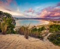 Fantastic summer sunset on Voidokilia beach. Colorful evening seascape of Ionian Sea Royalty Free Stock Photo