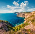 Fantastic summer view of high cliffs on Ionian Sea. Picturesque morning scene of Zakynthos Zante island, Greece, Europe. Colorfu