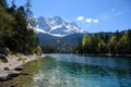 Fantastic sundown on mountain lake Eibsee, located in the Bavaria, Germany. Dramatic unusual scene. Alps, Europe. Royalty Free Stock Photo