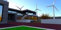 Fantastic sunny view of the private suburban mansion with own wind generators. Good ecological decision. 3d rendering