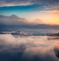 Fantastic sunrise on Bled lake. Misty morning view of Bled Castle. Royalty Free Stock Photo