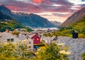 Fantastic sunrise inOdda town, Hordaland county, Norway.