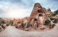 Fantastic sunrise over the Red Valley in Cappadocia, Anatolia, Turkey. Volcanic mountains Royalty Free Stock Photo