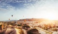 Fantastic sunrise over the Red Valley in Cappadocia, Anatolia, Turkey. Volcanic mountains Royalty Free Stock Photo