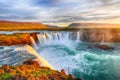 Fantastic sunrise scene of powerful Godafoss waterfall Royalty Free Stock Photo