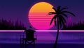 Fantastic sunset on the beach with a palm tree and a lifeguard house against the background of a starry sky and a city with