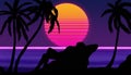 Fantastic sunset on the beach with palm trees against the background of the starry sky and the silhouette of a lying woman Royalty Free Stock Photo