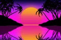 Fantastic sunset on the beach with palm trees and a big evening sun against the background of the starry sky in retrowave style Royalty Free Stock Photo