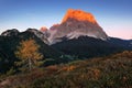 Fantastic sunset in the Dolomites mountains, South Tirol, Italy in autumn. Italian alpine panorama in Dolomiti mountain at sunset.