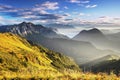 Fantastic sunset in the Dolomites mountains, South Tirol, Italy in autumn. Italian alpine panorama in Dolomiti mountain at sunset. Royalty Free Stock Photo