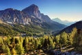 Fantastic sunset in the Dolomites mountains, South Tirol, Italy in autumn. Italian alpine panorama in Dolomiti mountain at sunset. Royalty Free Stock Photo