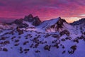 Fantastic sunset in the Dolomites mountains, South Tyrol, Italy in winter. Italian alpine panorama in Dolomiti mountain at sunset