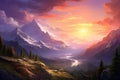 Fantastic sunset in the mountains. Dramatic scene. Artistic style, AI Generated