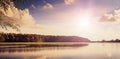 Fantastic sunset over the lake, Front View, Retro and vintage style Royalty Free Stock Photo