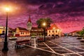 Fantastic sunset over the Medieval Council House in Main Square, Brasov, Romania