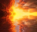 Fantastic sunset over the rocks against the sky and reflections in the water. 3d illustration Royalty Free Stock Photo