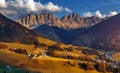 Fantastic Sunset over Santa Maddalena in Dolomites, Italy. Wonderful nature landscape. Amazing natural background Royalty Free Stock Photo