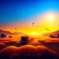 Fantastic sunset over the sea. 3d rendering, 3d illustration. AI Generated