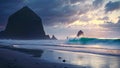 Fantastic sunset at Reynisfjara Beach, Iceland, Europe, Cannon Beach Dusk Solitude. Evening twilight at Haystack Rock in Cannon
