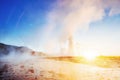 Fantastic sunset Strokkur geyser eruption in Icelan Royalty Free Stock Photo