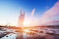 Fantastic sunset Strokkur geyser eruption in Iceland. Royalty Free Stock Photo