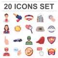 A fantastic superhero cartoon icons in set collection for design. Superhero`s equipment vector symbol stock web