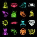 A fantastic superhero neon icons in set collection for design. Superhero`s equipment vector symbol stock web