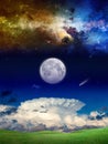 Fantastic supernatural background with galaxy, comet and full mo