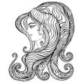 Fantastic surreal girl with wave hair, adult coloring page, isolated on white background.