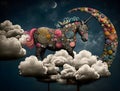 fantastic surreal illustration of a colored unicorn on the fluffy clouds and moon