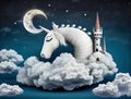 fantastic surreal illustration of a white unicorn a castle on the fluffy clouds and moon