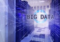 Fantastic symmetric data center room with binary code penetration servers covered big data concept graphics Royalty Free Stock Photo