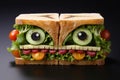Fantastic tasty fresh sandwich with vegetables and meat slices placed on board against gray background