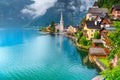 Fantastic touristic alpine village and lake, Hallstatt, Salzkammergut region, Austria