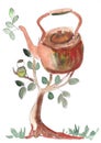 Fantastic tree with teapots, watercolor graphic drawing on white background