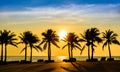 Fantastic tropical beach with palms at sunset Royalty Free Stock Photo