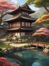 A fantastic view of an ancient house with a serene zen garden, blossoms tree, small bridge, pond, tree, fantasy art, wallpaper