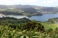 A fantastic view of the double lake & x28;Lagoa Verde and Lagoa Azul& x29; in Sete Cidades. The island of San Miguel