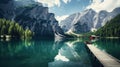 Fantastic view of famous Braies lake in Dolomites mountains, Italy Generative AI