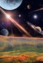 Fantastic view from the ground 3D rendering. Space and planets