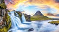 Fantastic view on Kirkjufellsfoss waterfall  near Kirkjufell mountain at sunset Royalty Free Stock Photo