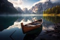 Fantastic view of lake braies at sunrise, Dolomites, Italy, A beautiful view of a traditional wooden rowing boat on scenic Lago di