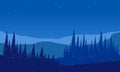 Fantastic view of the mountains with forest at night from the edge of tje city. Vector illustration
