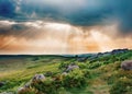 Fantastic view in the national park `Peak District` on the sunset in Summer