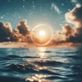 Fantastic view of the sun above the water surface. Collage.