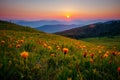 Fantastic view of the sunset over the mountain ranges. Carpathian mountains, Ukraine, Europe Royalty Free Stock Photo