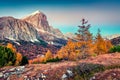 Fantastic view from top of Falzarego pass with Lagazuoi mountain Royalty Free Stock Photo